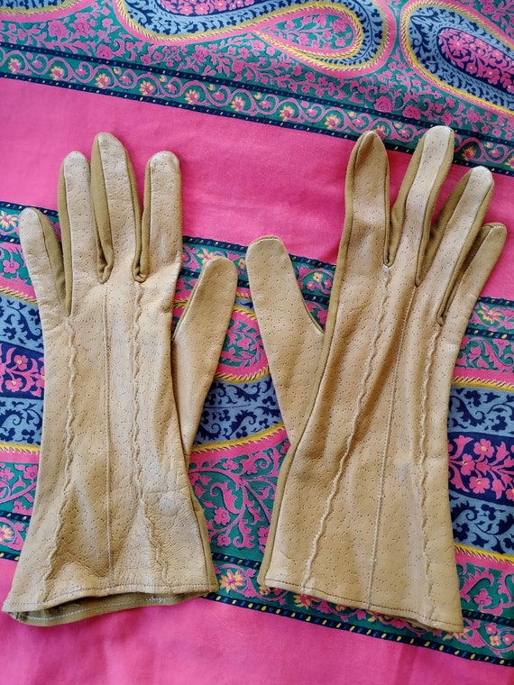 Vintage 1940s Brown Leather Driving Gloves Sz S 6… - image 2