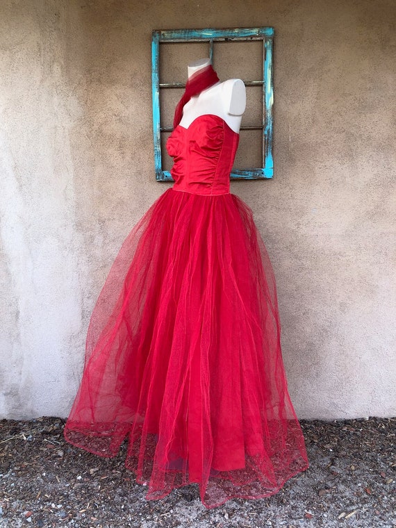 Vintage 1950s Red Tulle Party Dress Formal Gown S… - image 5