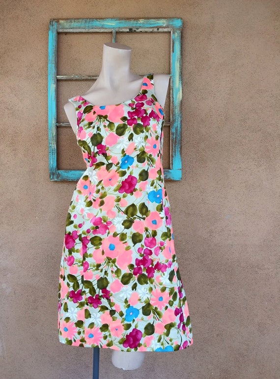 Vintage 1960s Neon Floral Dress Cotton Sleeveless 