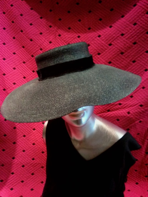 Vintage 1950s Black Straw Saucer Hat New Look Dior