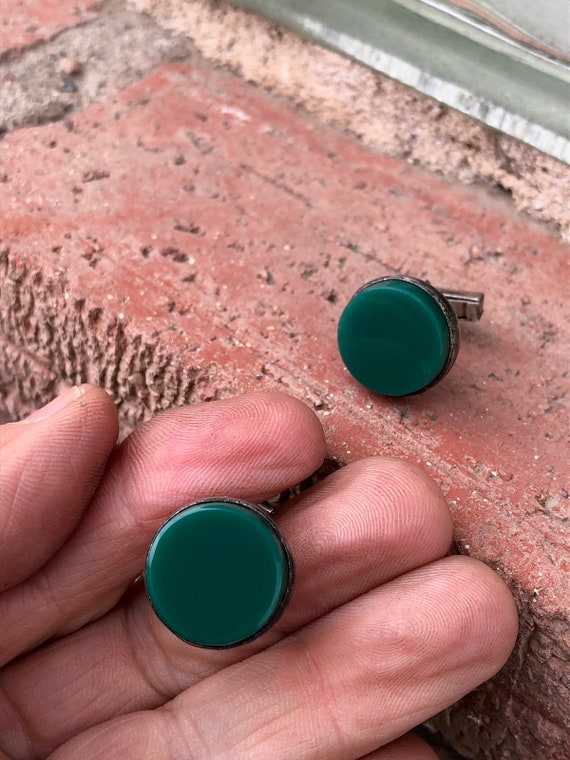 Vintage 1940s Mexican Jadeite Sterling Cufflinks - image 4