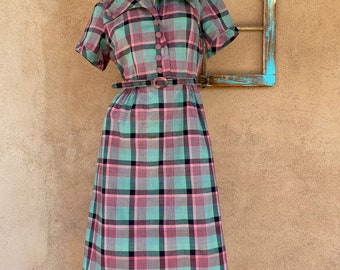 Vintage 1940s Plaid Cotton Dress Sz S W28