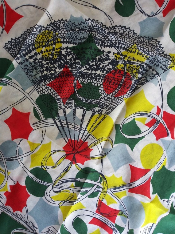 Vintage 1940s Silk Scarf Fans Novelty Print - image 6