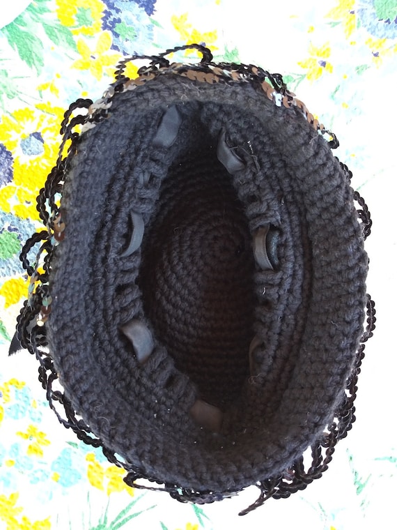 Vintage 1960s Black Sequin Cloche Hat Crochet Cap… - image 9