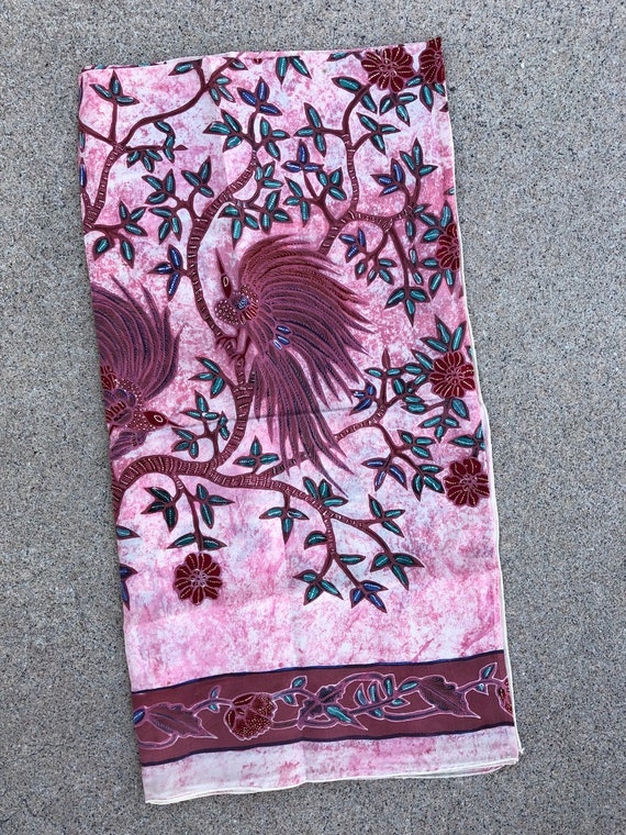 Vintage 1990s Batik Silk Scarf Balinese Folk Art S
