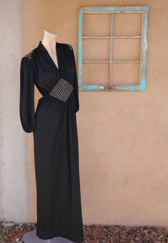 Vintage 1970s Black Maxi Dress Evening Gown w Plu… - image 3
