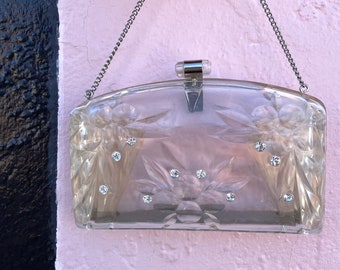 Vintage 1950s Clear Plastic Purse W Rhinestones Chain Strap Vintage 1950s Clear Plastic Purse W Rhinestones Chain Strap