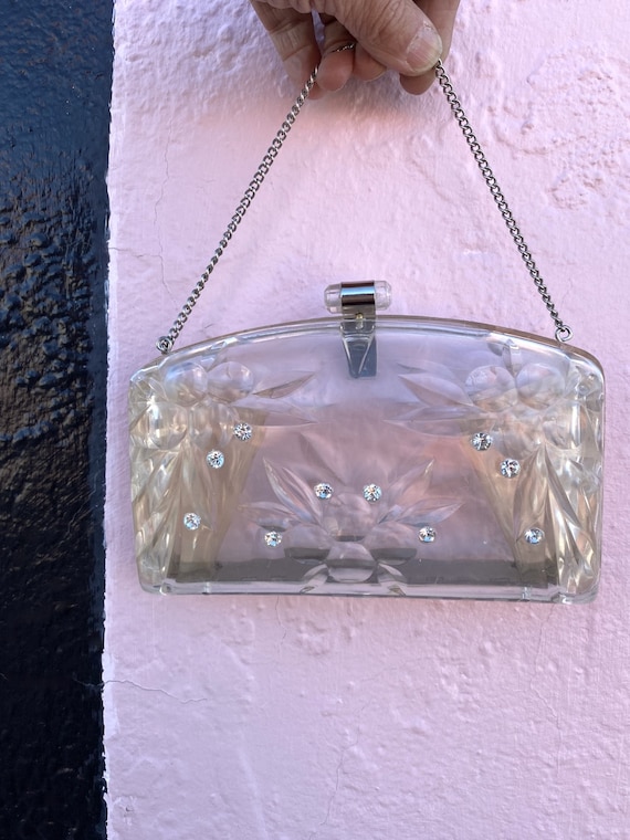 Vintage 1950s Clear Plastic Purse w Rhinestones Ch