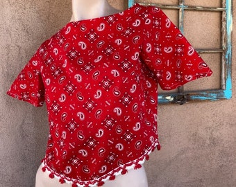 Vintage 1960s Red Bandana Blouse Crop Top Kerchief Novelty Print Sz S