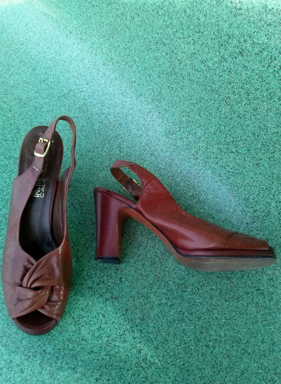 Vintage 1970s Shoes Peep Toe Platform 1940s Style Brown Open