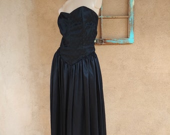 Vintage 1980s Black Satin Strapless Dress 1950s Style Sz M