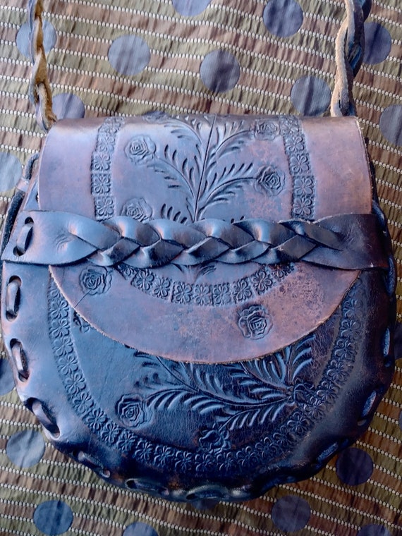 Vintage 1970s Tooled Leather Handbag Purse Boho Hi