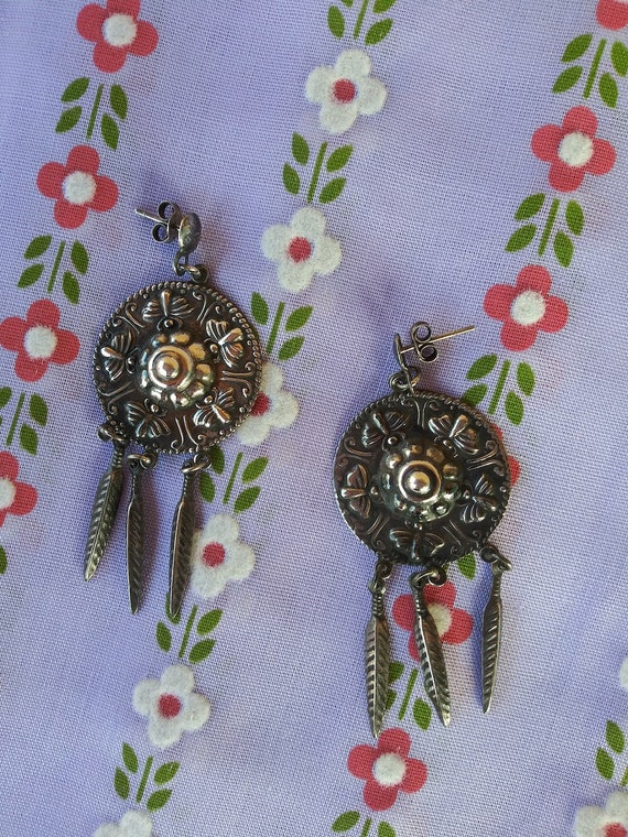 Vintage 1990s Silver Dangle Earrings Navajo Butte… - image 1
