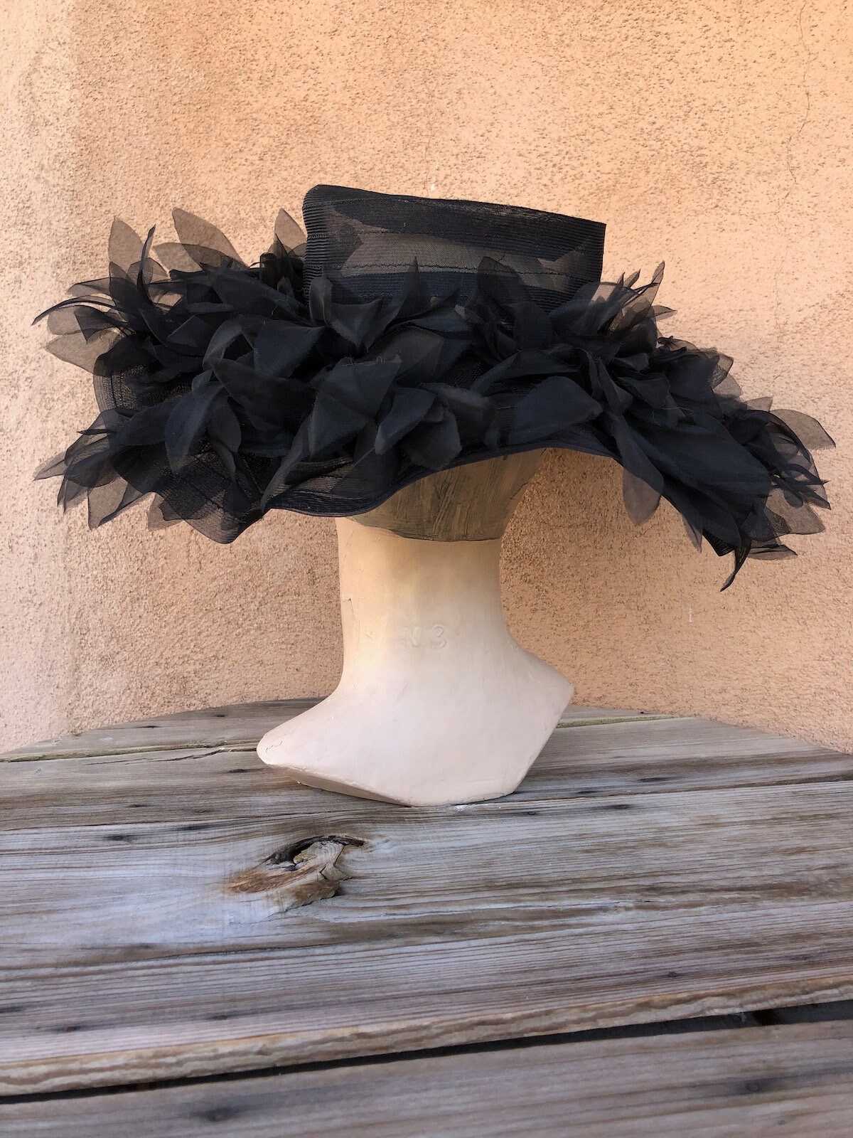 Vintage 1960s Black Saucer Hat W Ruffled Brim OS - Etsy Canada display picture 1