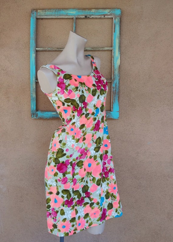 Vintage 1960s Neon Floral Dress Cotton Sleeveless… - image 5