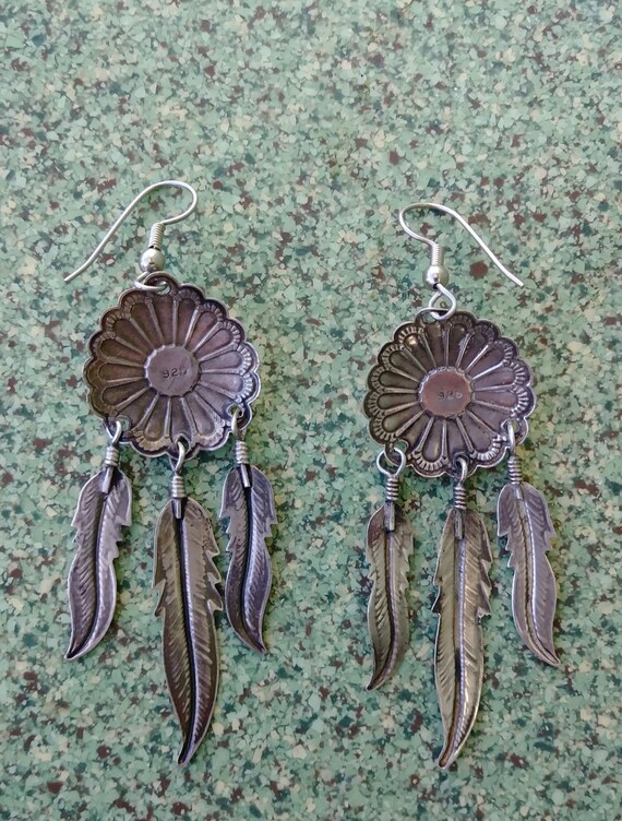 Vintage 1970s Silver Turquoise Feather Earrings N… - image 7