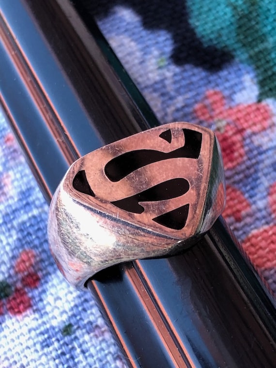 Vintage 1980s Superman Ring Silver with Enamel Sz 