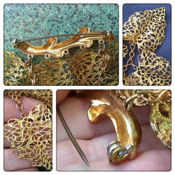 Vintage 1940s Brass Filigree Brooch Leaves - image 5