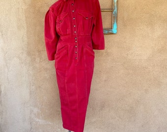 Vintage 1980s Red Denim Dress Big Shoulders Karen Alexander Sz S M