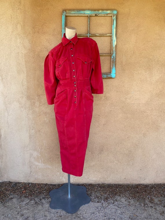 Vintage 1980s Red Denim Dress Big Shoulders Karen 