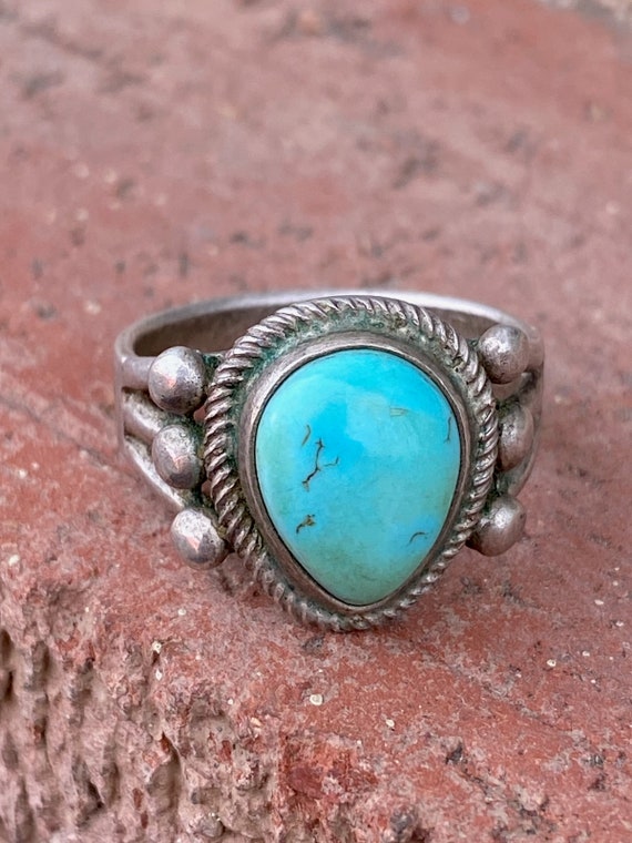 Vintage 1970s Native Turquoise Ring Sterling Silv… - image 1