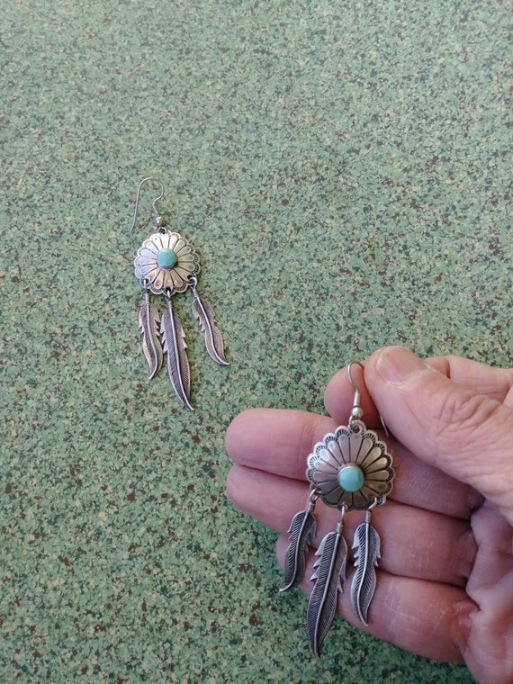 Vintage 1970s Silver Turquoise Feather Earrings N… - image 2