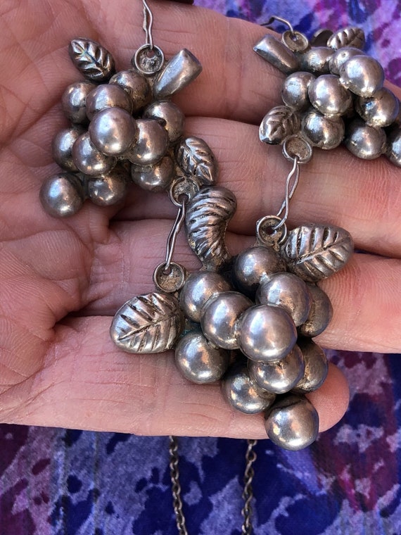 Vintage 1940s Silver Charm Necklace Grape Cluster… - image 2