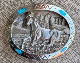 Vintage 2000 Y2K Silver Belt Buckle Running Horse Chip Inlay