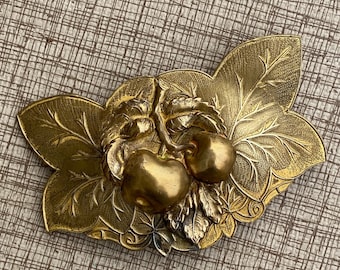 Vintage 1900s Brass Statement Buckle with Apples + Leaves