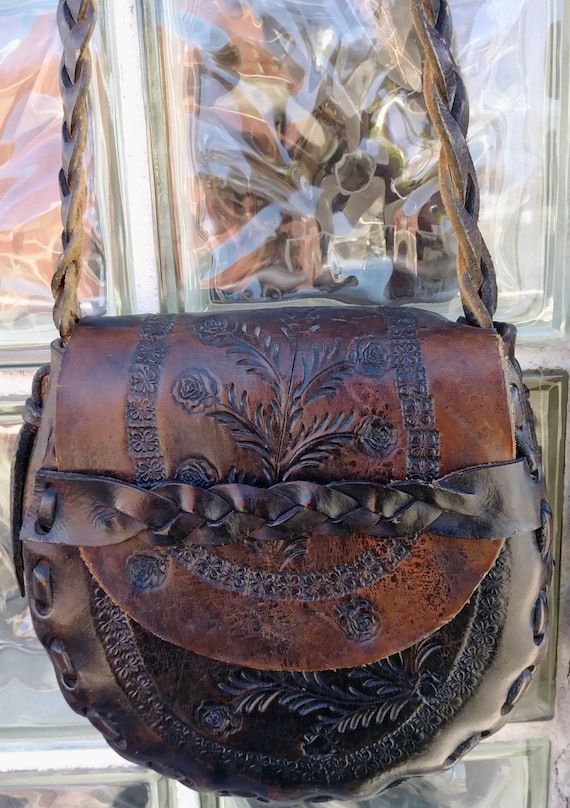 Vintage 1970s Tooled Leather Handbag Purse Boho Hi