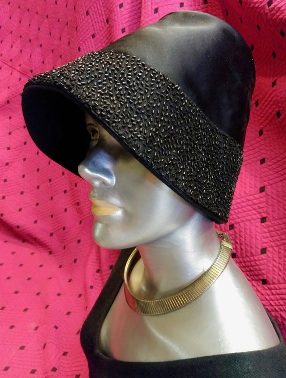 Vintage 1950s Black Satin Bucket Hat OS - image 3