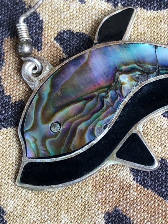 Vintage 1970s Whale Earrings Abalone Onyx Pierced - image 5
