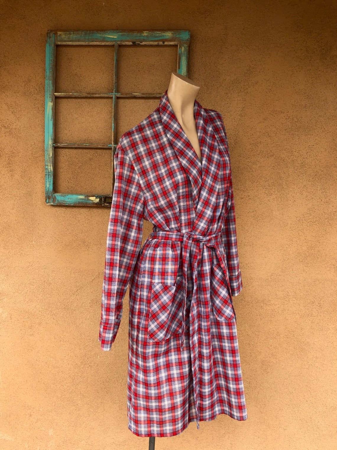 Vintage 1970s Mens Cotton Robe Red White & Blue Plaid Sz M Etsy