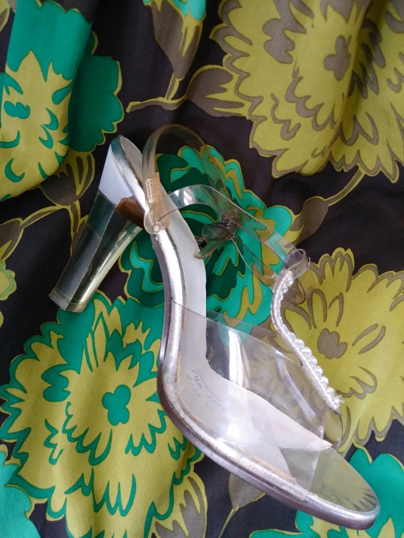 Vintage 1970s Disco Lucite Shoes T Strap High Heels US7.5 B