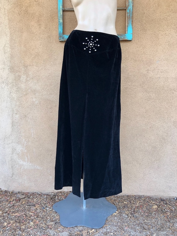 Vintage 1970s Studded Black Velvet Skirt Midi Max… - image 1