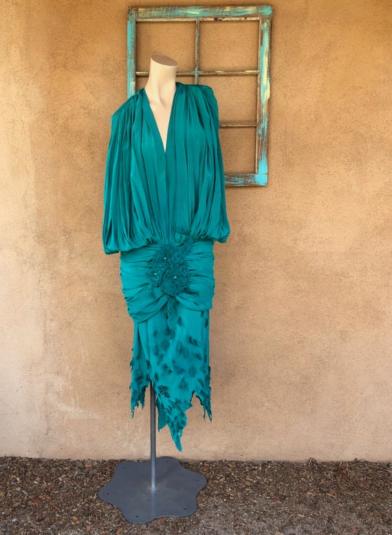 Vintage 1980s Teal Silk Mermaid Wiggle Dress Sz M