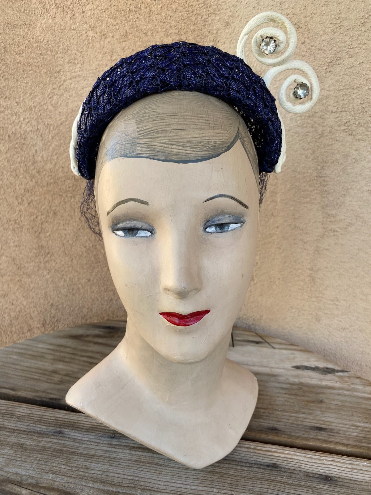 VTG 1950s Off White Lace Hat Calot Style with Antenna OS 1950s Straw Sailor Lace Hat by Fisk | Wedding Day Ready main image 2