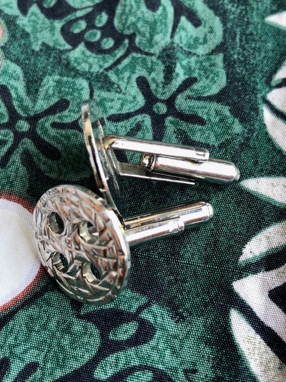 Boutons De Manchette Vintage - Silvertone, Design 'pinwheel' (moulinet) Noir, Référence 71717 - Occasion Bon état