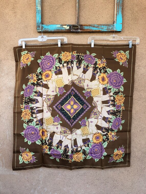 Vintage 1990s Thai Silk Scarf Elephants 34 x 35.5" - image 1