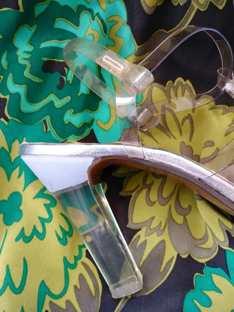 Vintage 1970s Disco Lucite Shoes T Strap High Heels US7.5 B