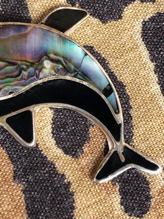 Vintage 1970s Whale Earrings Abalone Onyx Pierced - image 6