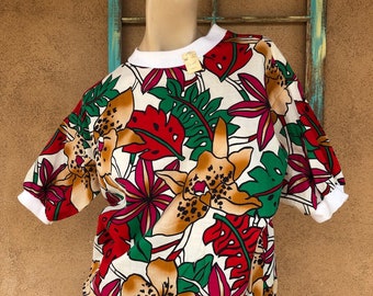 Vintage 1980s Floral Print T Shirt 80s Slouch Shirt Sz  S M