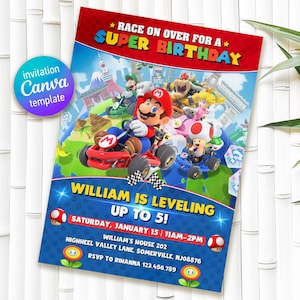 Druckbare Mario Kart-Einladung, Go-Kart-Geburtstagseinladung, bearbeitbare Einladung, Mädchen-Geburtstag, Rennparty, Videospieleinladung