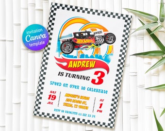 Cars birthday invitation, hot racing invite, wheels invitation, boy birthday party invitation template, printable editable evite