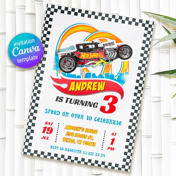 Cars birthday invitation, hot racing invite, wheels invitation, boy birthday party invitation template, printable editable evite