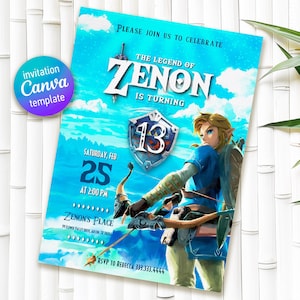 Videospieler einladen, Legend of Zelda Geburtstagseinladung, digitaler Download, Zelda Tears Of The Kingdom, Geburtstagsparty, Spiel auf Einladung