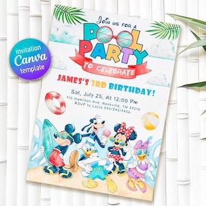 Invitación de cumpleaños imprimible de Clubhouse, invitación de Mickey, invitación de Clubhouse, invitación a fiesta de Mouse, invitación editable, invitación a fiesta en la piscina