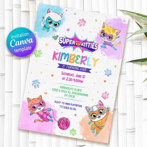 Printable Editable Super Kitty Invite, SuperKitty Birthday, SuperKitties Party invite template, Kitten Invitation Cute Invite