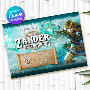 Videospieler einladen, Legend of Zelda Geburtstagseinladung, digitaler Download, Zelda Tears Of The Kingdom, Geburtstagsparty, Spiel auf Einladung