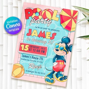Invitación de cumpleaños imprimible de Clubhouse, invitación de Mickey, invitación de Clubhouse, invitación a fiesta de Mouse, invitación editable, invitación a fiesta en la piscina